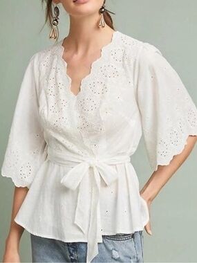 Anthropologie Meadow Rue White Eyelet Wrap Tie Blouse